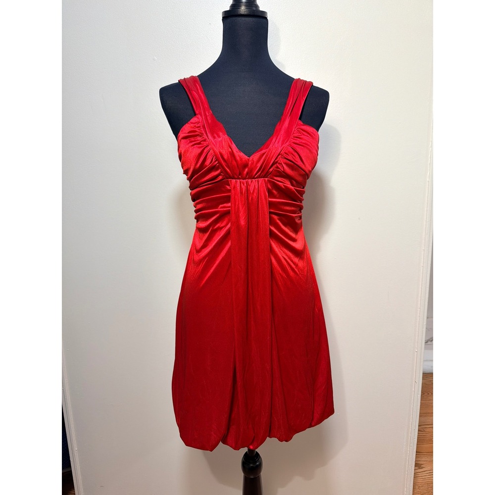 B. Darlin Y2K Red Mini Cocktail Dress 11/12 Red Ruched Bubble Hem V-Neck